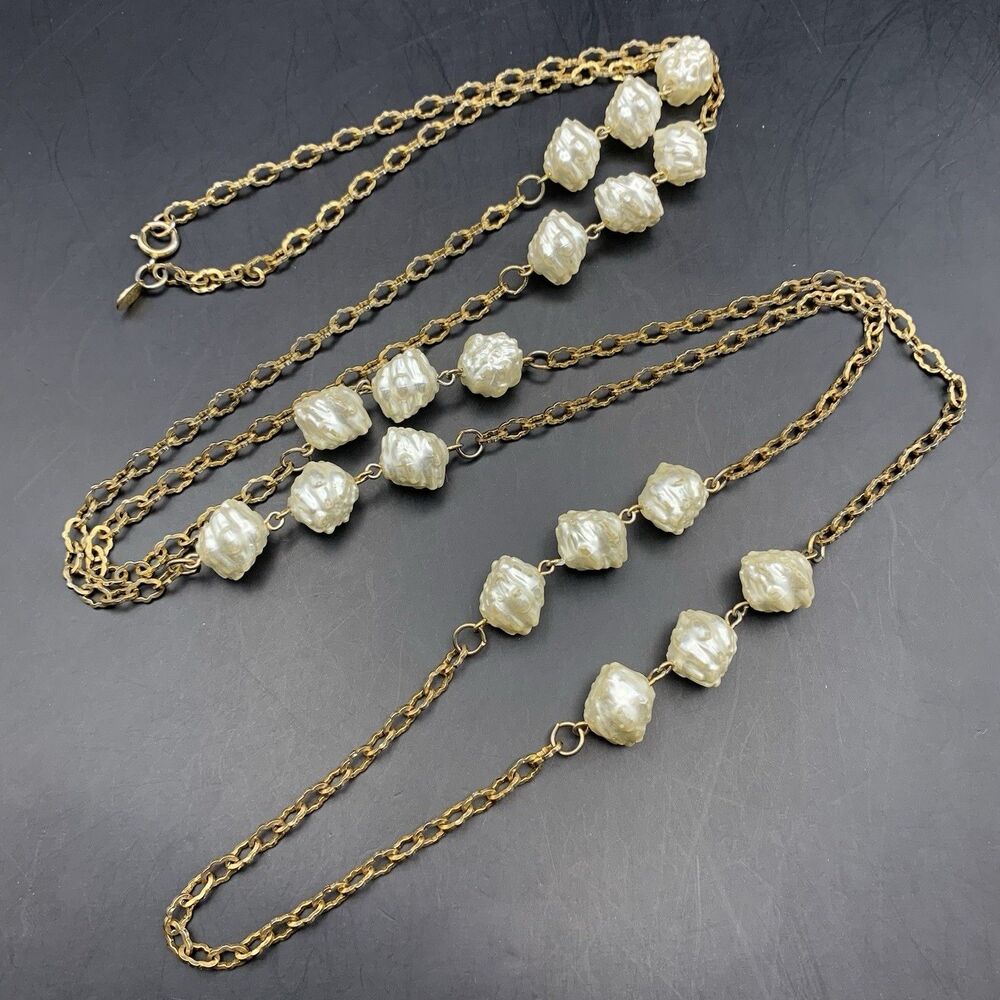 Park Lane Extra Long Faux Baroque Pearl Station Necklace Gold Tone 58 In Vintage